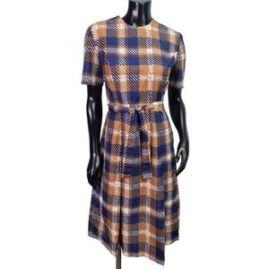 Vintage Joan Curtis Plaid Midi Dress Navy Blue Tan Belted Short Sleeve 60s 70s